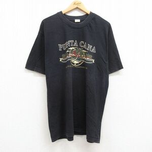 XL/古着 半袖 ビンテージ Tシャツ メンズ 90s プンタカナ ヤシの木 コットン クルーネック 黒 ブラック 24apr10 中古