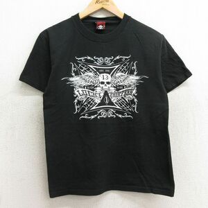 S/古着 半袖 ビンテージ Tシャツ メンズ 90s スカル 羽 コットン クルーネック 黒 ブラック 24apr10 中古