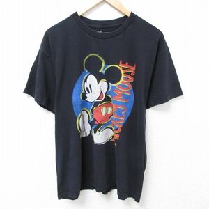 L/古着 半袖 Tシャツ メンズ ディズニー DISNEY ミッキー MICKEY MOUSE コットン クルーネック 黒 ブラック 24apr11 中古