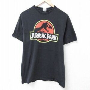 L/古着 半袖 Tシャツ メンズ 映画 ジュラシックパーク コットン クルーネック 黒 ブラック 24apr11 中古