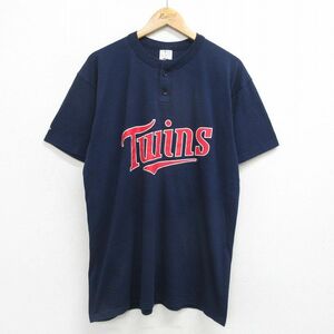 XL/古着 マジェスティック 半袖 ビンテージ Tシャツ メンズ 00s MLB ミネソタツインズ ヘンリーネック 紺 ネイビー メジャーリーグ ベース