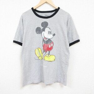 XL/古着 半袖 Tシャツ メンズ ディズニー DISNEY ミッキー MICKEY MOUSE クルーネック グレー 霜降り リンガー 24apr11 中古