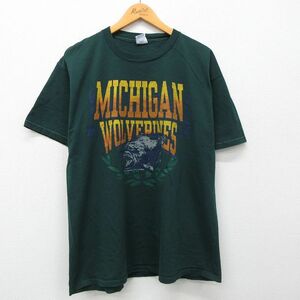 XL/古着 半袖 ビンテージ Tシャツ メンズ 90s ミシガンウルヴァリンズ コットン クルーネック 緑 グリーン 24apr12 中古