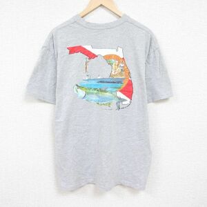 XL/古着 半袖 Tシャツ メンズ 釣り 胸ポケット付き 大きいサイズ クルーネック グレー 霜降り 24apr12 中古