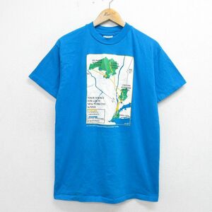 L/古着 ヘインズ 半袖 ビンテージ Tシャツ メンズ 90s 地図 ニューヨーク コットン クルーネック 青 ブルー 24apr12 中古