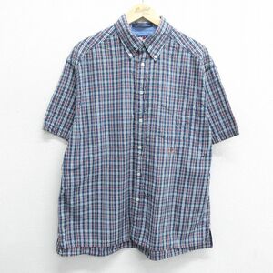 XL/古着 トミーヒルフィガー 半袖 ブランド シャツ メンズ 90s ワンポイントロゴ コットン ボタンダウン 濃紺他 ネイビー チェック 24apr12