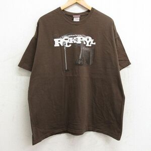 XL/古着 半袖 ビンテージ Tシャツ メンズ 00s ロックンロール ギター マイク 大きいサイズ コットン クルーネック 茶 ブラウン 24apr13 中