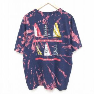 XL/古着 ノーティカ NAUTICA 半袖 ブランド Tシャツ メンズ ビッグロゴ クルーネック 紺他 ネイビー ブリーチ加工 24apr13 中古