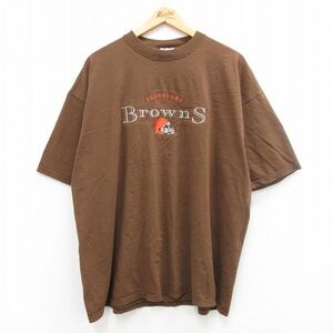 XL/古着 半袖 ビンテージ Tシャツ メンズ 90s NFL クリーブランドブラウンズ 刺繍 大きいサイズ コットン クルーネック 茶 ブラウン アメフ