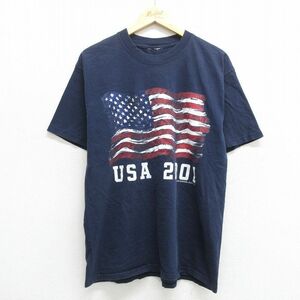 L/古着 半袖 ビンテージ Tシャツ メンズ 00s 星条旗 USAロゴ クルーネック 紺 ネイビー 24apr16 中古