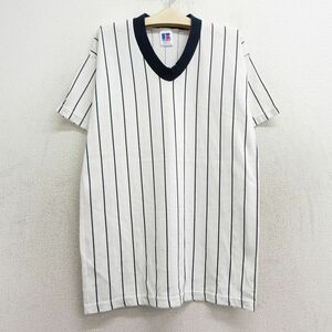 古着 ラッセル 半袖 ビンテージ Tシャツ キッズ ボーイズ 子供服 00s Vネック 白他 ホワイト ストライプ spe 24apr17