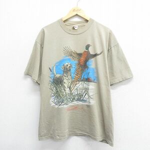 XL/古着 クイックシルバー 半袖 ビンテージ Tシャツ メンズ 90s キジ 犬 大きいサイズ コットン クルーネック ベージュ カーキ 24apr17 中