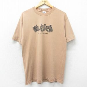 L/古着 半袖 ビンテージ Tシャツ メンズ 90s クマ コットン クルーネック ベージュ カーキ 24apr17 中古