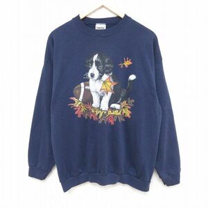 L/古着 TULTEX 長袖 スウェット メンズ 90s 犬 クルーネック 紺 ネイビー 24apr17 中古 スエット トレーナー トップス