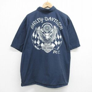 XL/古着 ハーレーダビッドソン 半袖 シャツ メンズ ワシ バイク 大きいサイズ コットン 紺 ネイビー 24apr18 中古 トップス