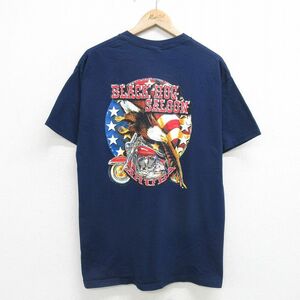 L/古着 ヘインズ 半袖 ビンテージ Tシャツ メンズ 00s バイク ワシ 星条旗 コットン クルーネック 紺 ネイビー 24apr19 中古