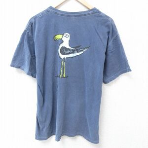 L/古着 半袖 Tシャツ メンズ 鳥 コットン クルーネック 薄紺 ネイビー 24apr19 中古