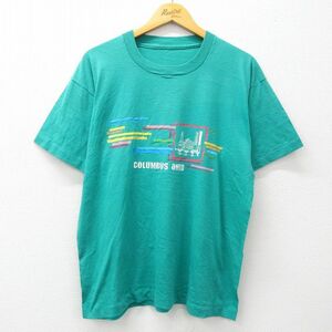XL/古着 半袖 ビンテージ Tシャツ メンズ 90s コロンブス オハイオ ビル クルーネック 青緑系 24apr19 中古