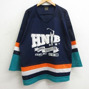 XL/古着 長袖 ビンテージ Tシャツ アイスホッケー ジャージ メンズ 90s リーボック HNB 5 大きいサイズ メッシュ地 Vネック 紺他 ネイビー