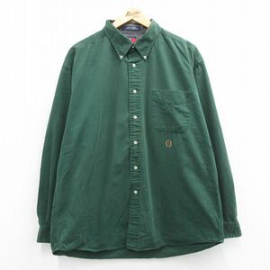 XL/古着 トミーヒルフィガー 長袖 ブランド シャツ メンズ 90s ワンポイントロゴ 大きいサイズ ロング丈 コットン ボタンダウン 緑 グリー