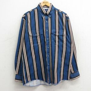 L/古着 ラングラー 長袖 ウエスタン シャツ メンズ 90s ボタンダウン 紺他 ネイビー ストライプ 24apr22 中古 トップス