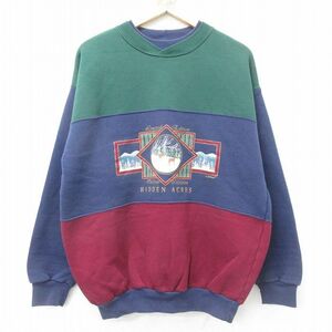 XL/古着 長袖 スウェット メンズ 90s HIDDEN ACRES シカ マルチカラー クルーネック 紺他 ネイビー spe 24apr22 中古 スエット トレーナー