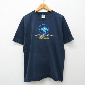 L/古着 半袖 ビンテージ Tシャツ メンズ 00s ハワイ イルカ 刺繍 コットン クルーネック 紺 ネイビー 24apr22 中古