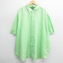 XL/古着 ラルフローレン 半袖 ブランド シャツ メンズ 90s ワンポイントロゴ ロング丈 大きいサイズ リネン ボタンダウン 黄緑 spe 24apr22_画像1