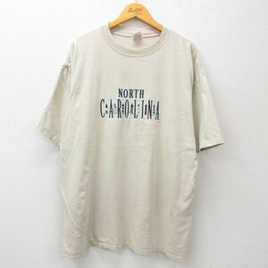 XL/古着 半袖 ビンテージ Tシャツ メンズ 90s ノースカロライナ 灯台 刺繍 大きいサイズ コットン クルーネック 薄ベージュ カーキ 24apr23