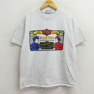 XL/古着 リー Lee 半袖 ビンテージ Tシャツ メンズ 90s ポリス 消防士 レスキュー コットン クルーネック 薄グレー 霜降り spe 23jul26 中