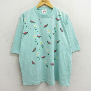 古着 半袖 ビンテージ Tシャツ レディース 90s スイカ 花 ハンドペイント 大きいサイズ クルーネック 薄緑 グリーン 23jul14 中古