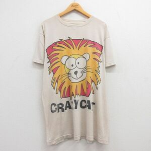 古着 半袖 ビンテージ Tシャツ ワンピース レディース 90s ライオン クレイジーキャット 大きいサイズ ロング丈 クルーネック ベージュ カ
