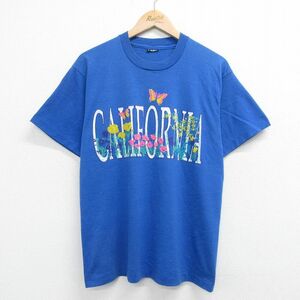 M/古着 半袖 ビンテージ Tシャツ メンズ 90s カリフォルニア 花 クルーネック 青 ブルー spe 23jul12 中古