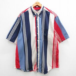 XL/古着 ノーティカ 半袖 ブランド シャツ メンズ 90s ワンポイントロゴ 大きいサイズ ロング丈 コットン ボタンダウン 紺他 ネイビー スト