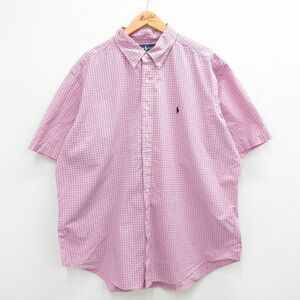 XL/古着 ラルフローレン 半袖 ブランド シャツ メンズ 90s ワンポイントロゴ 大きいサイズ ロング丈 コットン ピンク他 チェック 24apr25