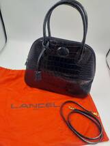 LANCEL ランセル 2WAY 本革 レザー クロコダイル型押し ハンドバッグ 手持ち鞄 ショルダーバッグ 鍵付き 黒 ブラック レディース_画像1