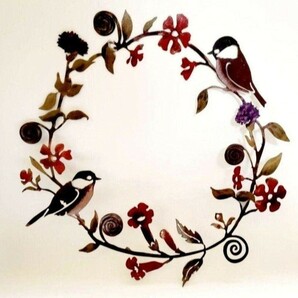 山雀と花のリース　アイアンリース　レトロ　メタルバード　ガーデンオブジェ　鳥の雑貨　HANAKO