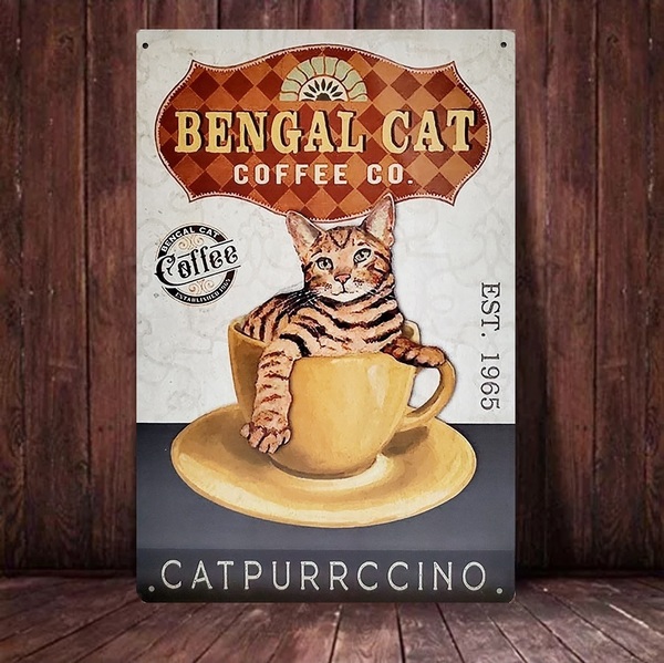 ブリキ看板　HANAKO　レトロ　猫カフェ　猫の看板　W3　ベンガル　キジトラ　カフェ　コーヒー　カプチーノ　ウェルカムボード