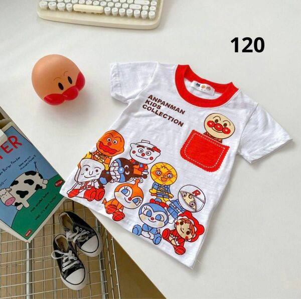 新品　アンパンマン　子供Tシャツ　半袖　120 赤ポケット