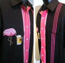 新品 XLサイズ ビッグサイズ ビールを飲むフラミンゴ 半袖シャツ 1091 黒×ピンク 生ジョッキ メンズ 柄シャツ ロカビリー パンク ロック_画像6