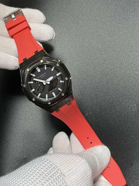 G-SHOCKカスタム　ラバーベルト　カバー　ケース　G-SHOCK GA 2100用　バンド　備品一式セット　レッド×ブラック