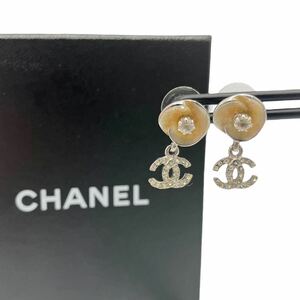 【良品】シャネル CHANEL 04P カメリア ココマーク ラインストーン スイング ピアス シルバー 