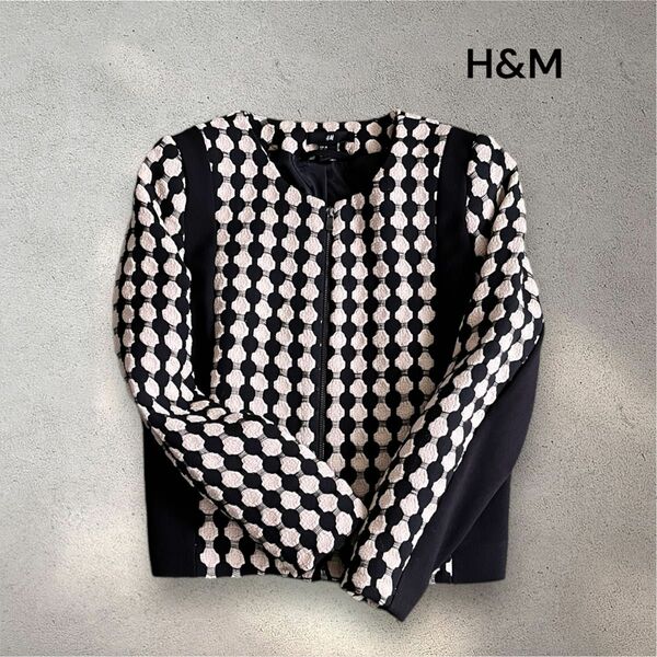 H&M ノーカラージャケット 備品 38サイズ ジップタイプ 白黒 ブラック 総柄 黒 長袖