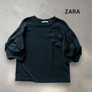 ZARA ザラ ボリュームスリーブカットソー ボタンデザイン ランタンスリーブ黒 Tシャツ トップス