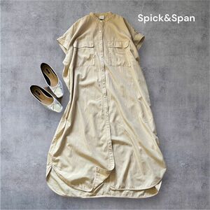 Spick&Span ワンピース ロング ノーカラー 半袖 春 抜け感サイドスリット 立体感のあるバックタック