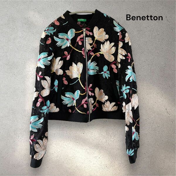 ベネトン 刺繍 レース ブルゾン MA1 Mサイズ スカジャン レディース 総柄 個性EU製 長袖 ジャケット
