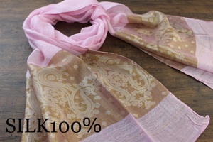 新品 春色 薄手【シルク100% SILK】ペイズリー柄 ライトピンク L.PINK ゴールド GOLD 金 スカーフ/ストール