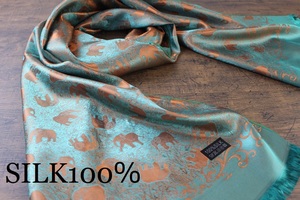 新品 春色 薄手【シルク100% SILK】エレファント柄 象柄 シャイングリーン×シャインオレンジ S.GREEN×S.ORANGE 大判 ストール/スカーフ