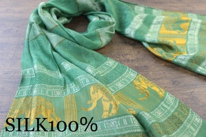 新品 春色 薄手【シルク100% SILK】エレファント柄 象柄 グリーン 緑 GREEN ゴールド GOLD 金 スカーフ/ストール