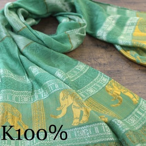 新品 春色 薄手【シルク100% SILK】エレファント柄 象柄 グリーン 緑 GREEN ゴールド GOLD 金 スカーフ/ストールの画像1